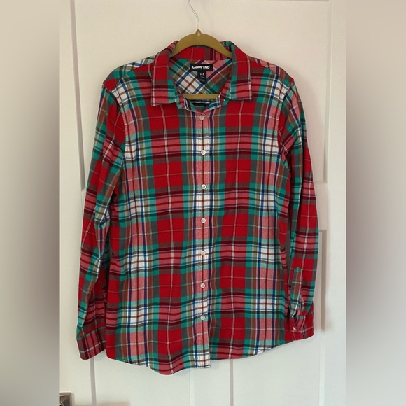 Lands’ End Pretty Plaid Brushed Flannel Shirt Women’s 14 T Excellent Condition - Picture 1 of 3